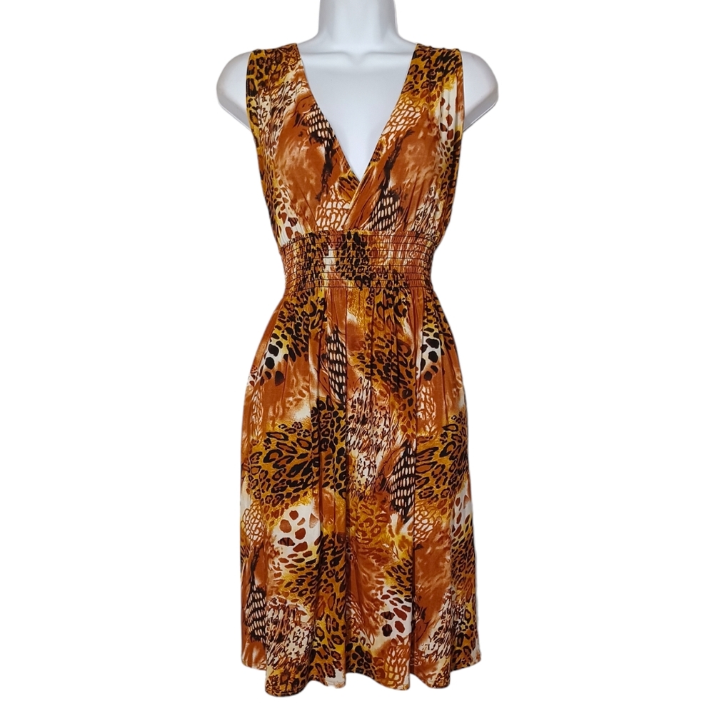 Brown Black Leopard Mixed Animal Print Smocked Sleeveless Stretchy Dress Medium